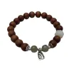 A brown beaded bracelet with green jade beads, white carved beads and silver ornaments of the character "Fu" Item Picture